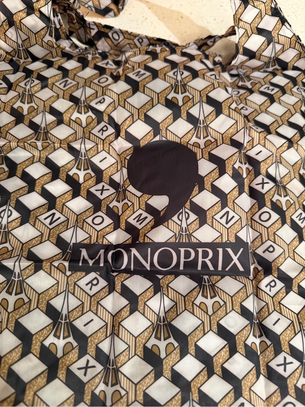 MONOPRIX Paris Reusable Geometric patterned, Tote Bag in Black, White & Gold